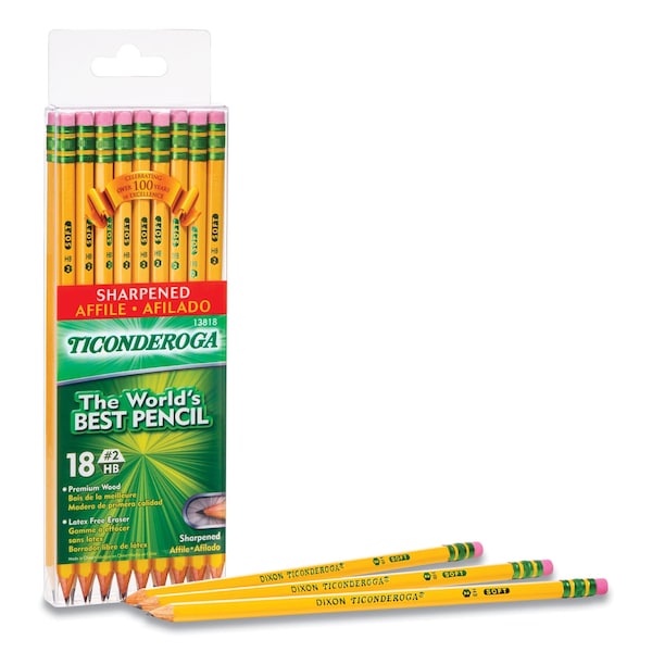 Pre-Sharpened Pencil, HB #2, Black Lead, Yellow Barrel, 18PK